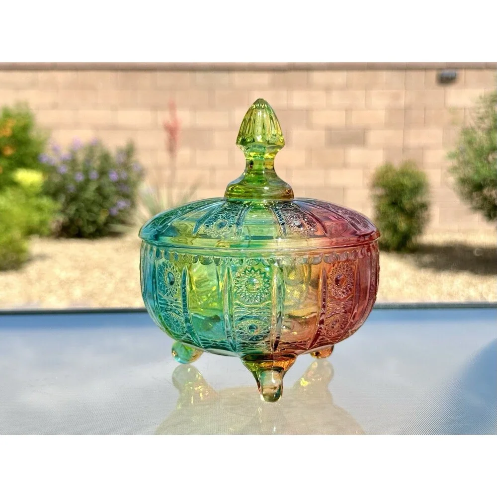 Glass Candy Dish Rainbow Jar 16oz Colorful Embossed Vintage Bowl with Lid